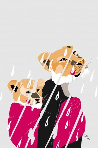 Leona y su bebé antropomorfos bajo la lluvia